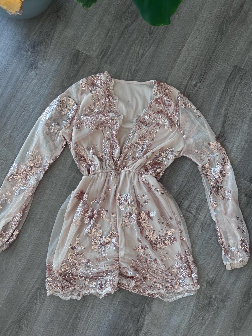 Sequin Embellished Long-Sleeve Party Romper in Champagne Blush
